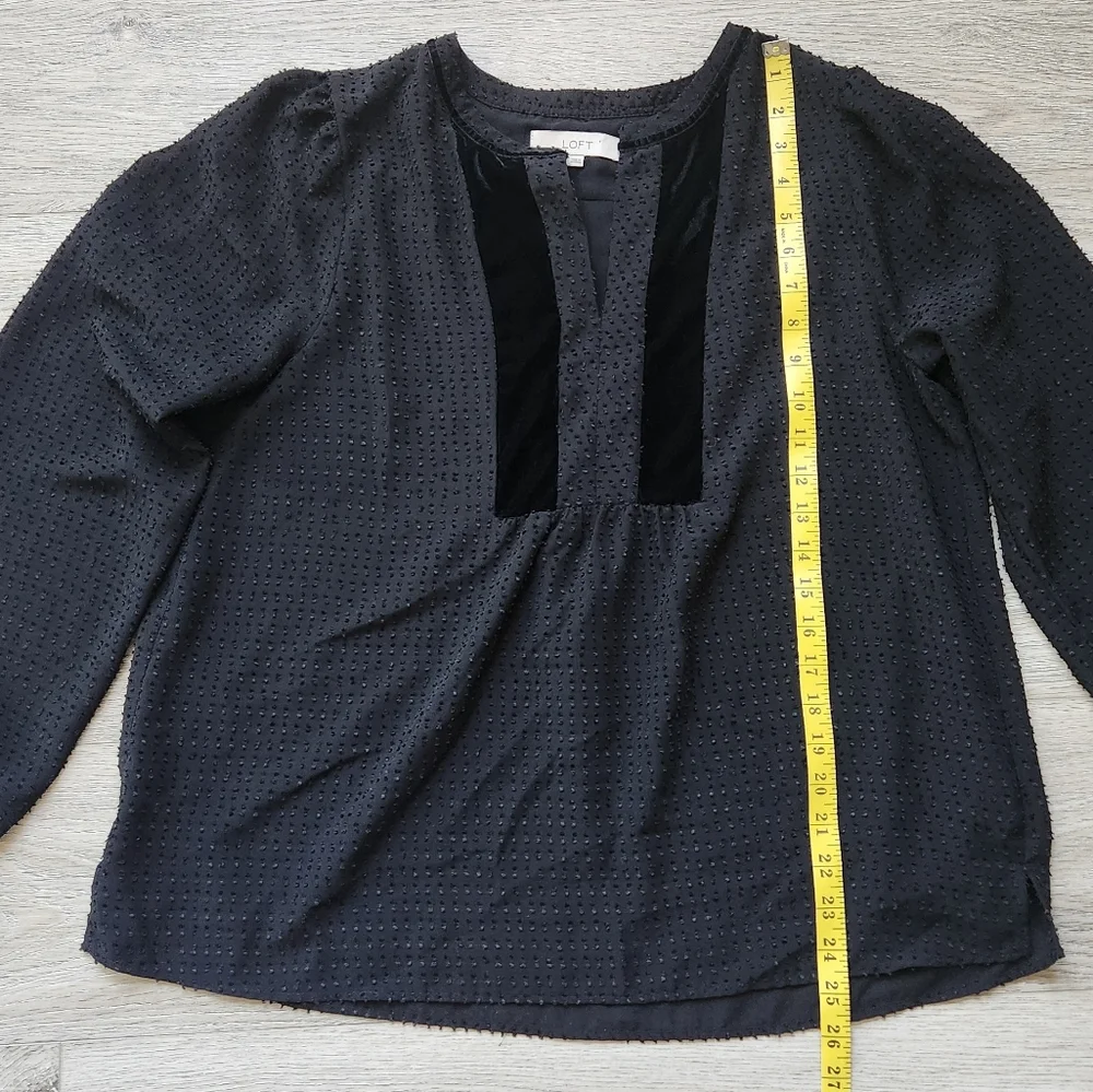 Loft Black Swiss Dot Shirt Womens Large Velvet Trim Long Sleeve Top - Picture 9 of 10